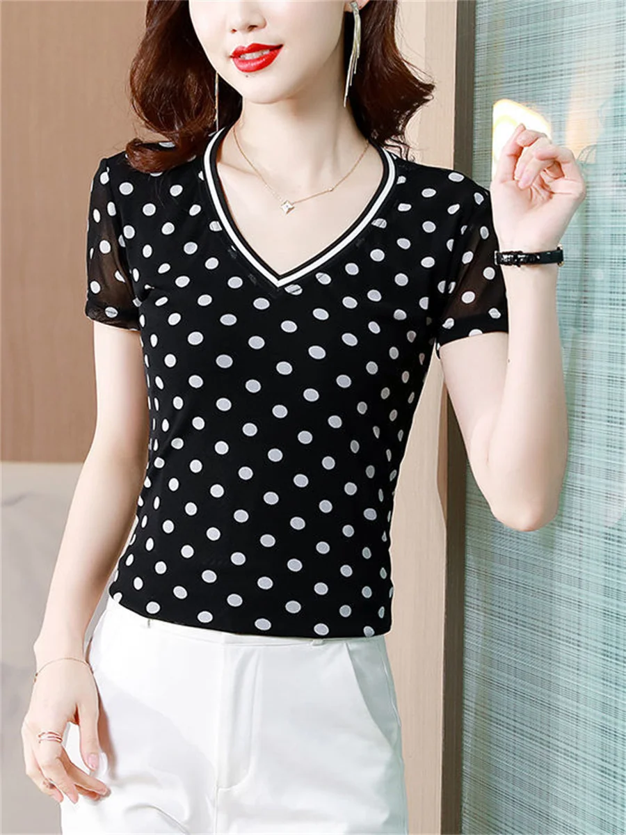 5XL Women Spring Summer Blouses Shirts Lady Fashion Casual Short Sleeve V-Neck Collar Polka Dots Printing Blusas Tops G2152