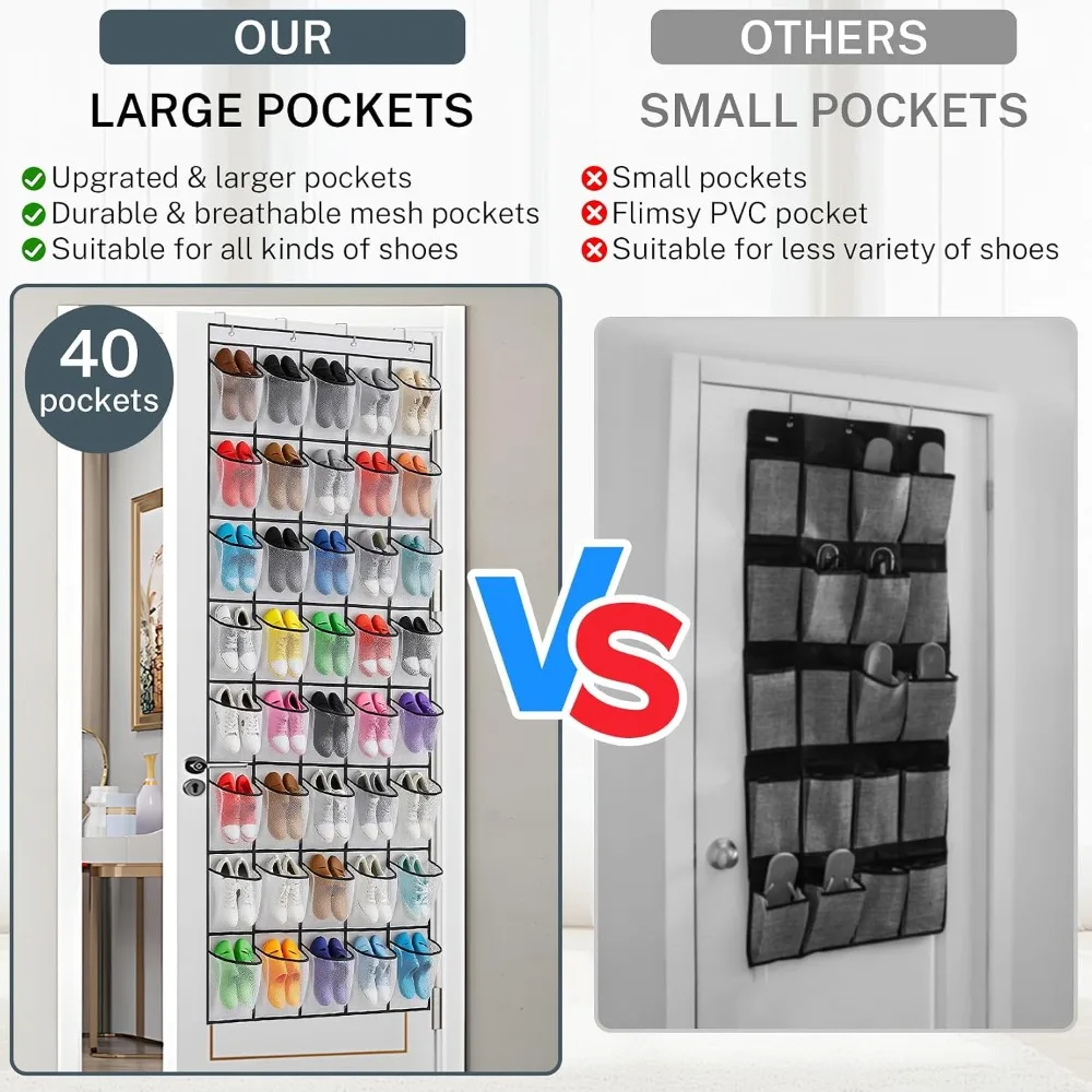 40-Pocket Over Door Shoe Organizer, Hanging Shoe Rack for Closet Door, Non-Woven Fabric, Holds 20 Pairs, White view 6