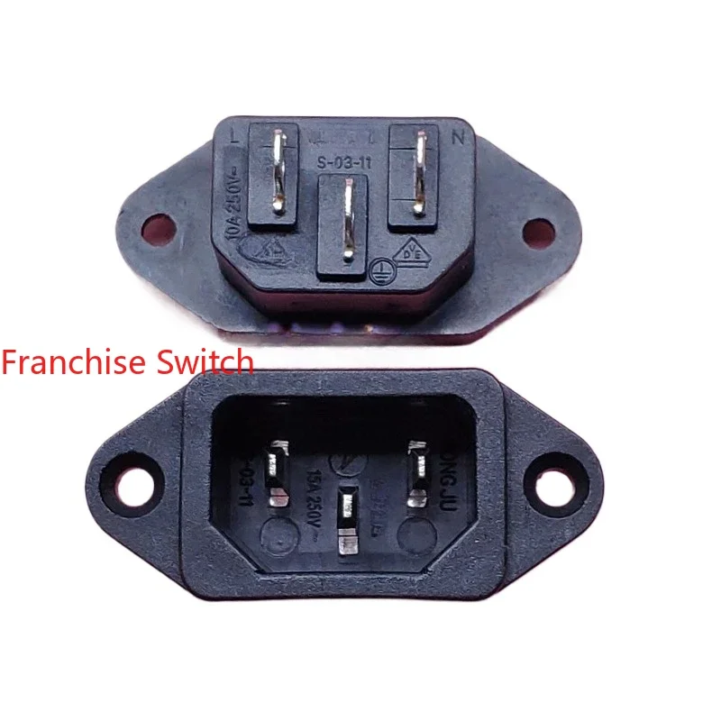 

10PCS S-03-11 black AC power socket three-core with fixed hole 15A250V