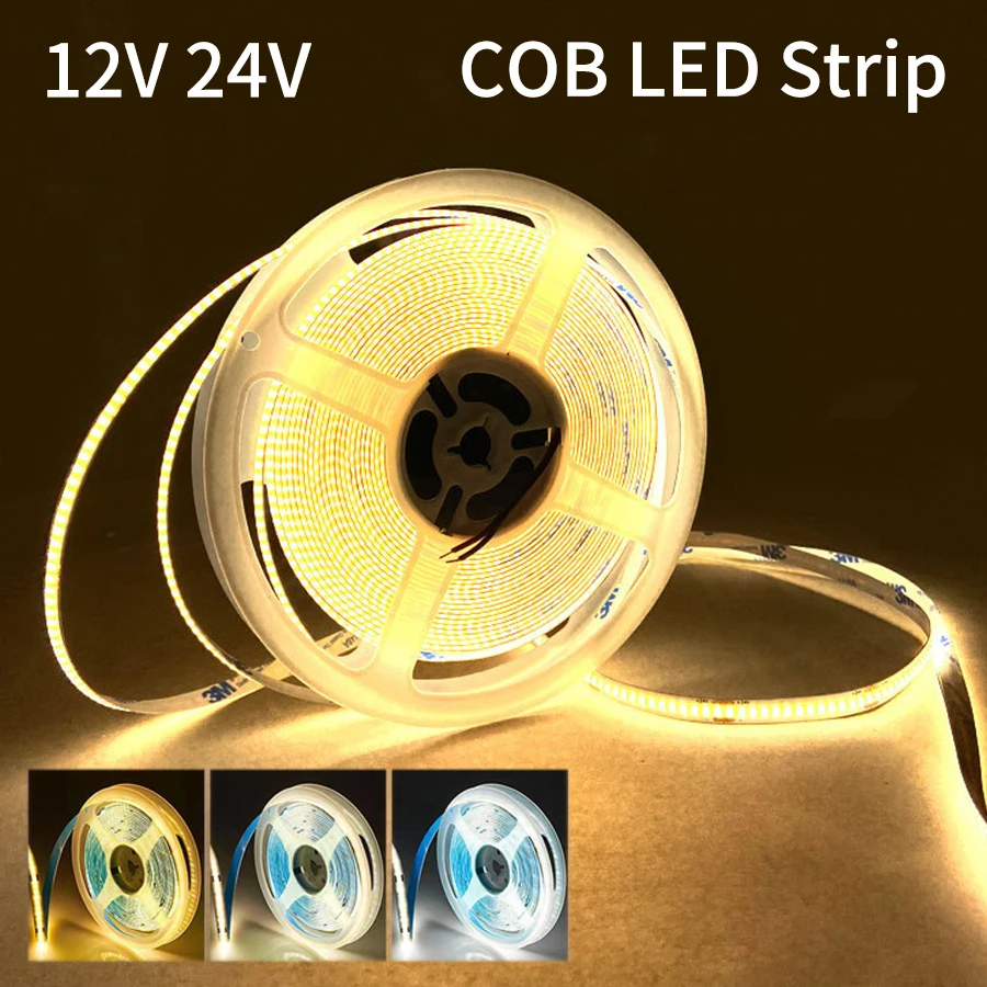 1M 2M 3M 5M 10M COB LED Strip Lights 12V 24V Elastyczna taśma diodowa o wysokiej gęstości 3000K 4500K 6500K Liniowa ściemnialna do dekoracji pokoju