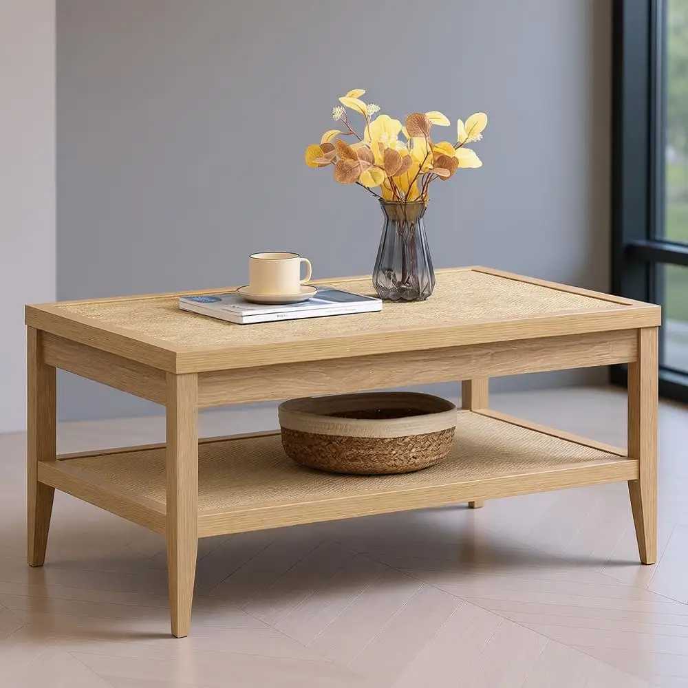 Mesa de jantar retangular Boho com prateleira de armazenamento de vime de 2 camadas, mesa com detalhes em carvalho claro para sala de estar e escritório doméstico