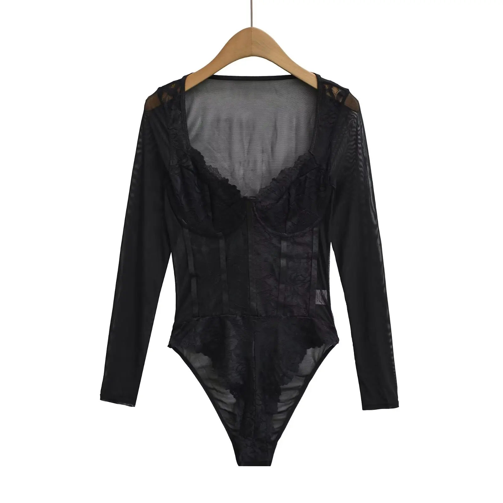 بدلة نسائية مثيرة من الدانتيل شفافة طويلة Sve V-ne بطبقة أساسية للتخسيس ضيقة مناسبة للشارع بخصر عالٍ