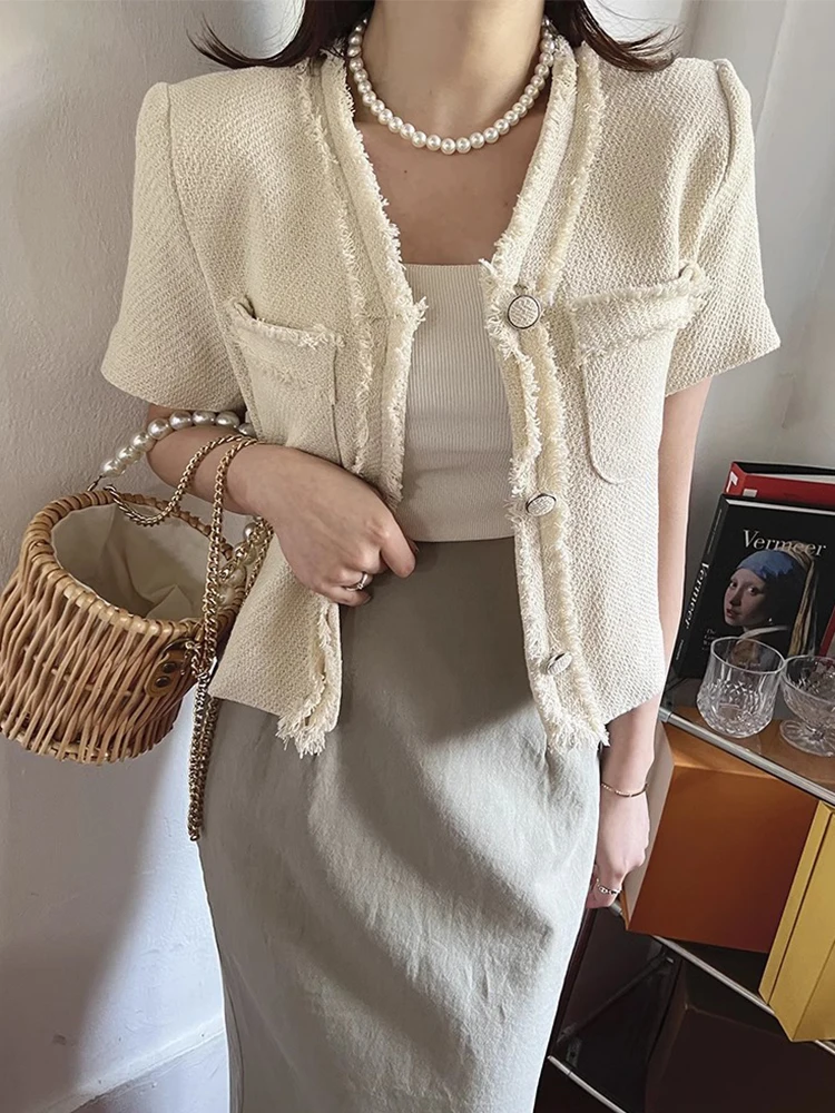 

Liangliang Home Small Fraance Wind Thi Tweed Jaet Women Summer New Elegance High-End Pink ort Top Coat