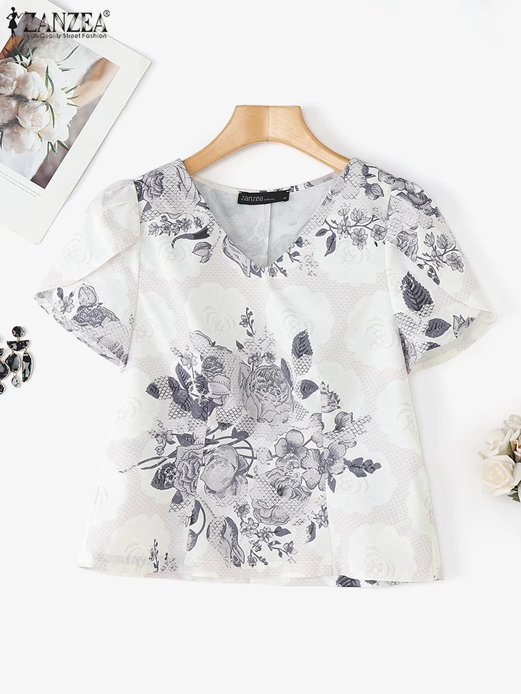 

Women Floral Print Blouse ZANZEA Summer Short Puff Sleeve Tops Bohemian V-Neck Elegant Office Lady OL Shirts Fashion Clothing