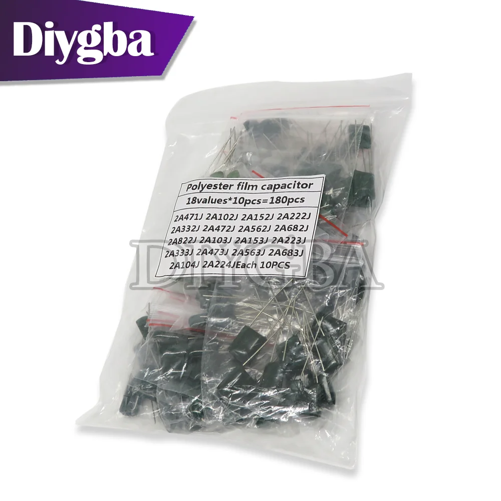 180PCS Polyester film capacitor Assorted Kit contains 2A104J 2A332J 2A472J 2A103J 2A333J 2A473J 2A563J 2A223J 18value*10PCS