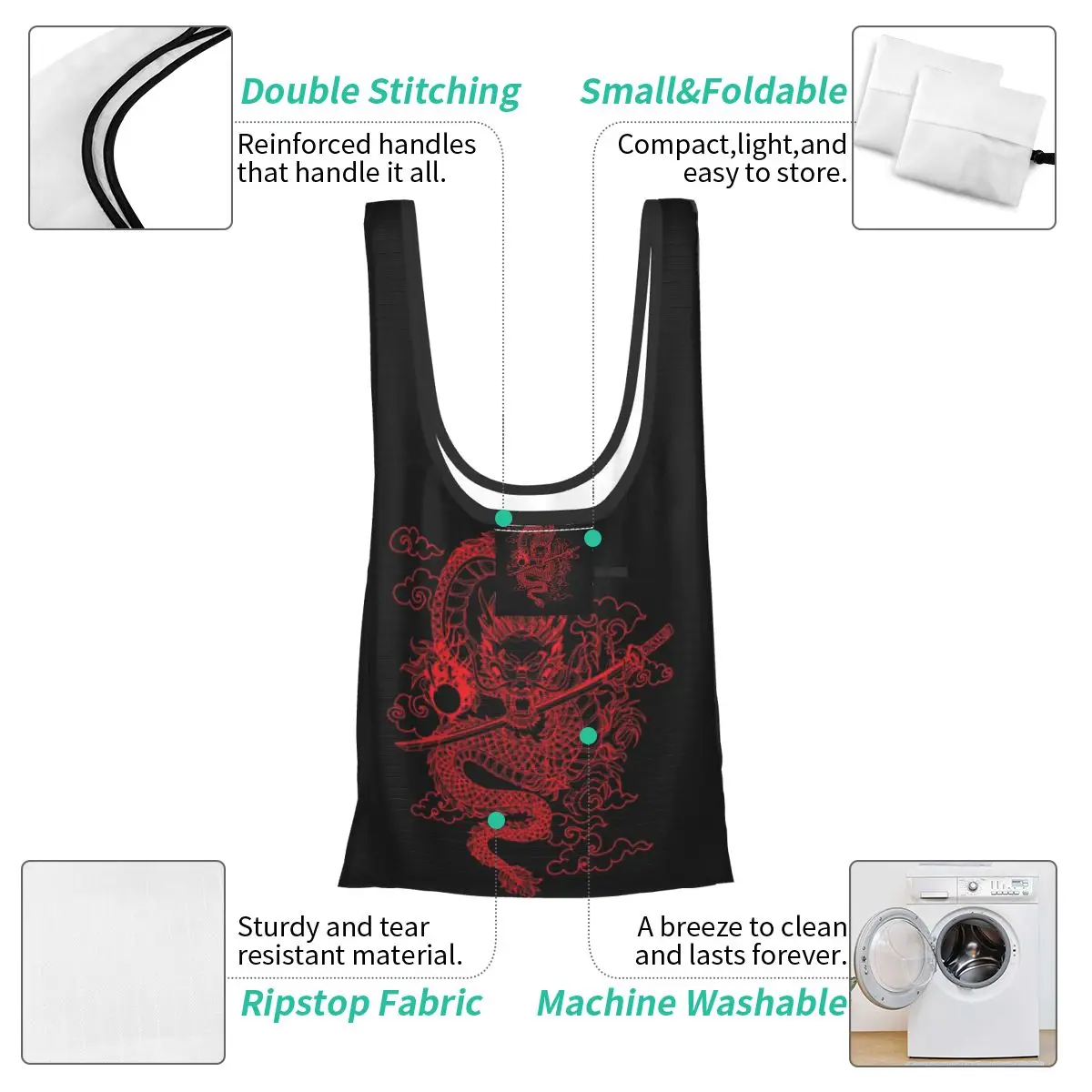 التنين الصيني الأحمر مع خلفية سوداء المحمولة حمل أكياس التسوق سعة كبيرة حقيبة المتسوق حقيبة يد البقالة حقيبة الكتف