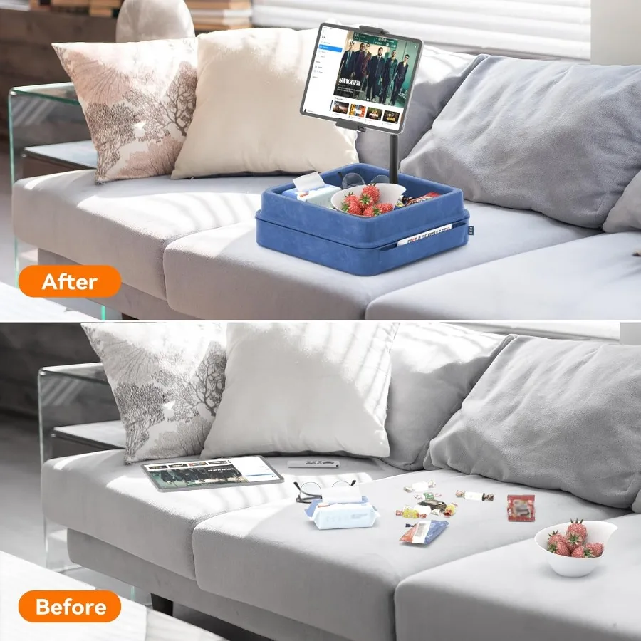 KDDタブレットピローホルダー360度調整可能iPadピロースタンド、膝上、ベッド、デスク用、グースネックタブレットソフトパッドドック、収納トレイ付き