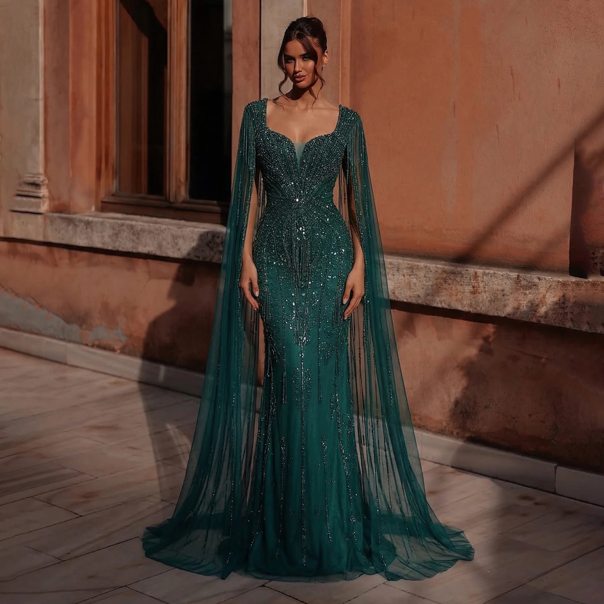 Sharon Said Mermaid Evening Dress with Cape Sleeves