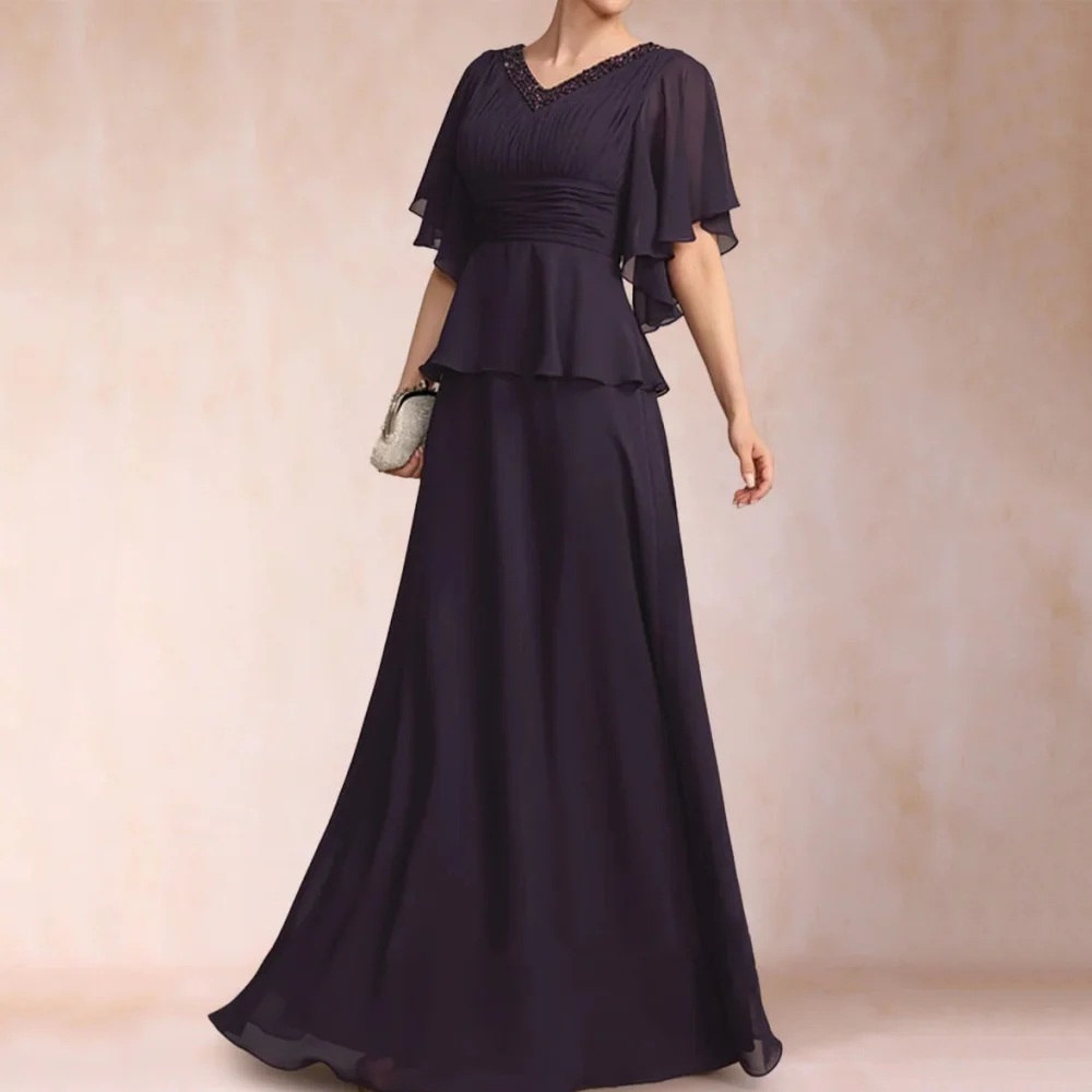 

Formal Mother Dresses Customized Elegant A Line Chiffon Evening Gowns Beading V Neck Bride Party Dress robes invitée mariage