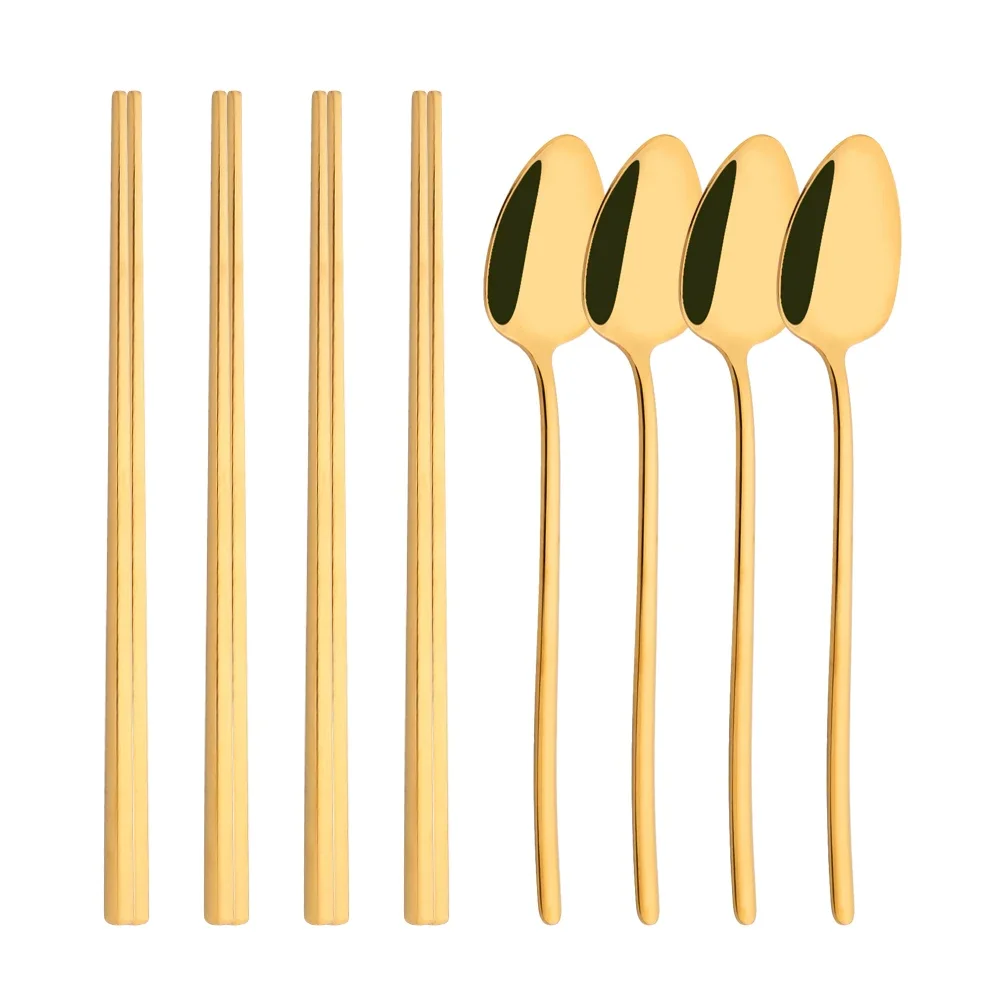 New Stainless Steel Cutlery Set Sushi Sticks Dinner Spoons Set 8Pcs Dinnerware Korean Chopsticks Dinner Spoon Flatware Set
