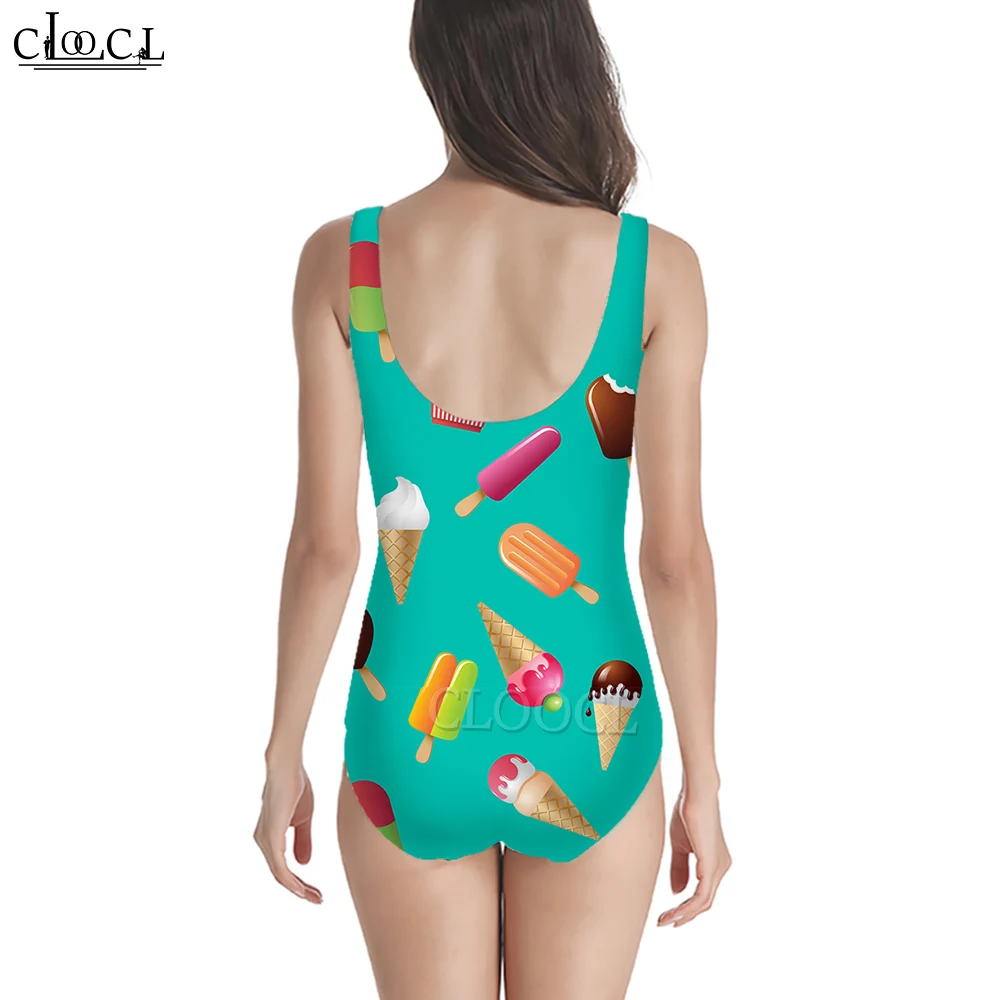 CLOOCL Summer Swimsuits Bodysuit Cartoon Ice-cream Pattern Printed One-Piece Sportswear Female Beach Resort Wear