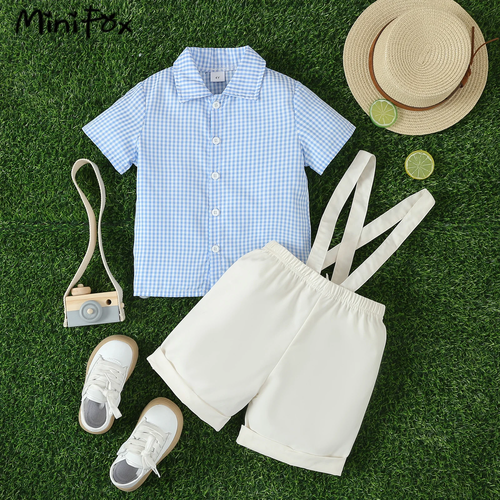 MiniFox Brother and Sister Matching Outfits Bowknot Blue Girl Dresses Boys Shirt and Suspender Shorts Sets For Boys Clothes