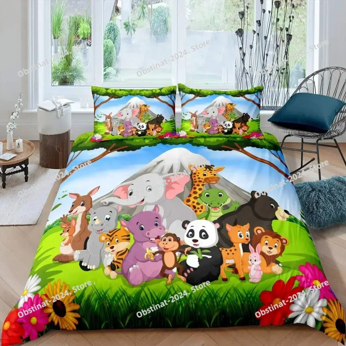 Zoo Elephant Comforter Cover Cute Cartoon Animal Paradise Bedding Set for Boys Girls Kids Animal World Theme Queen Duvet Cover