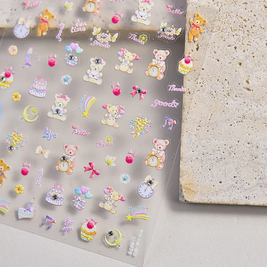 Simpatico orso cane animali torta dolce ciliegia griglia bowknot stella linea frutta sollievo autoadesivo adesivi per nail art decalcomanie per manicure 5D