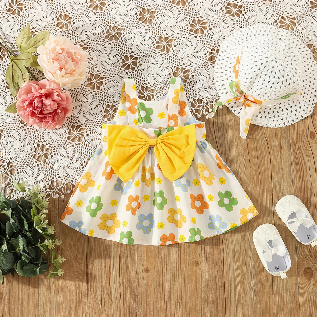 2/Piece Set Of Baby Girl Dress Hat Summer Girl Flower Print Big Bow Beach Sleeveless Princess Dress