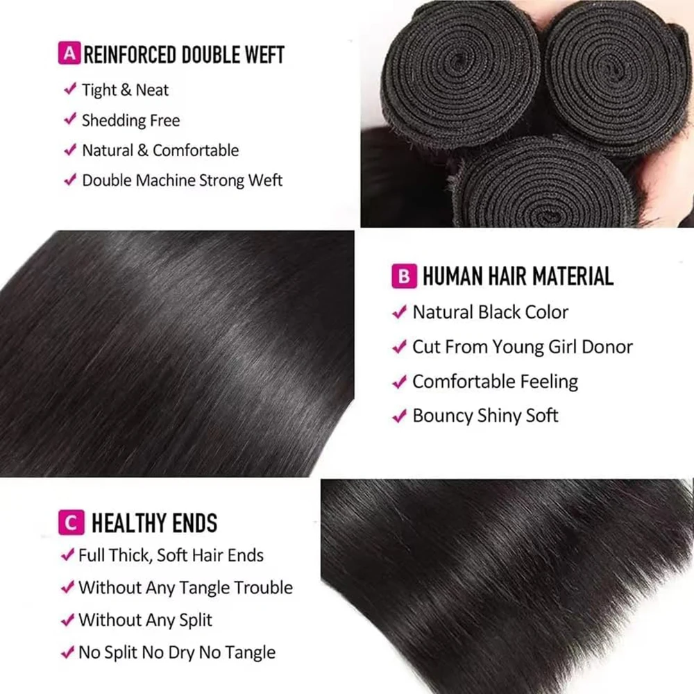 Pacotes brasileiros retos do cabelo humano, extensões do cabelo de Remy, cor natural, 30 dentro, 32 dentro, 1 PC, 3 PCes, 4 PCes, 12A