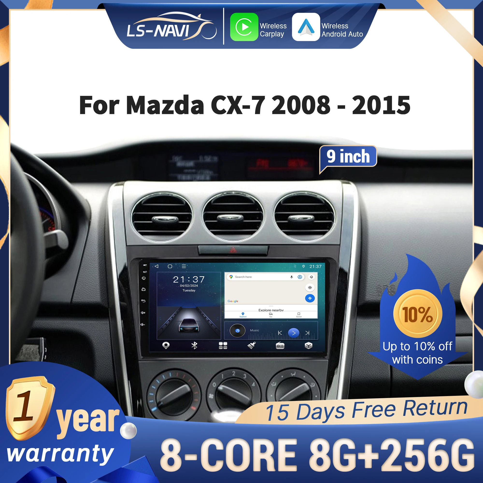 

For Mazda CX-7 2008-2015 CarPlay GPS Navigation Multimedia Touch Screen Radio 4G Wireless Android Head Unit Stereo for Vehicle