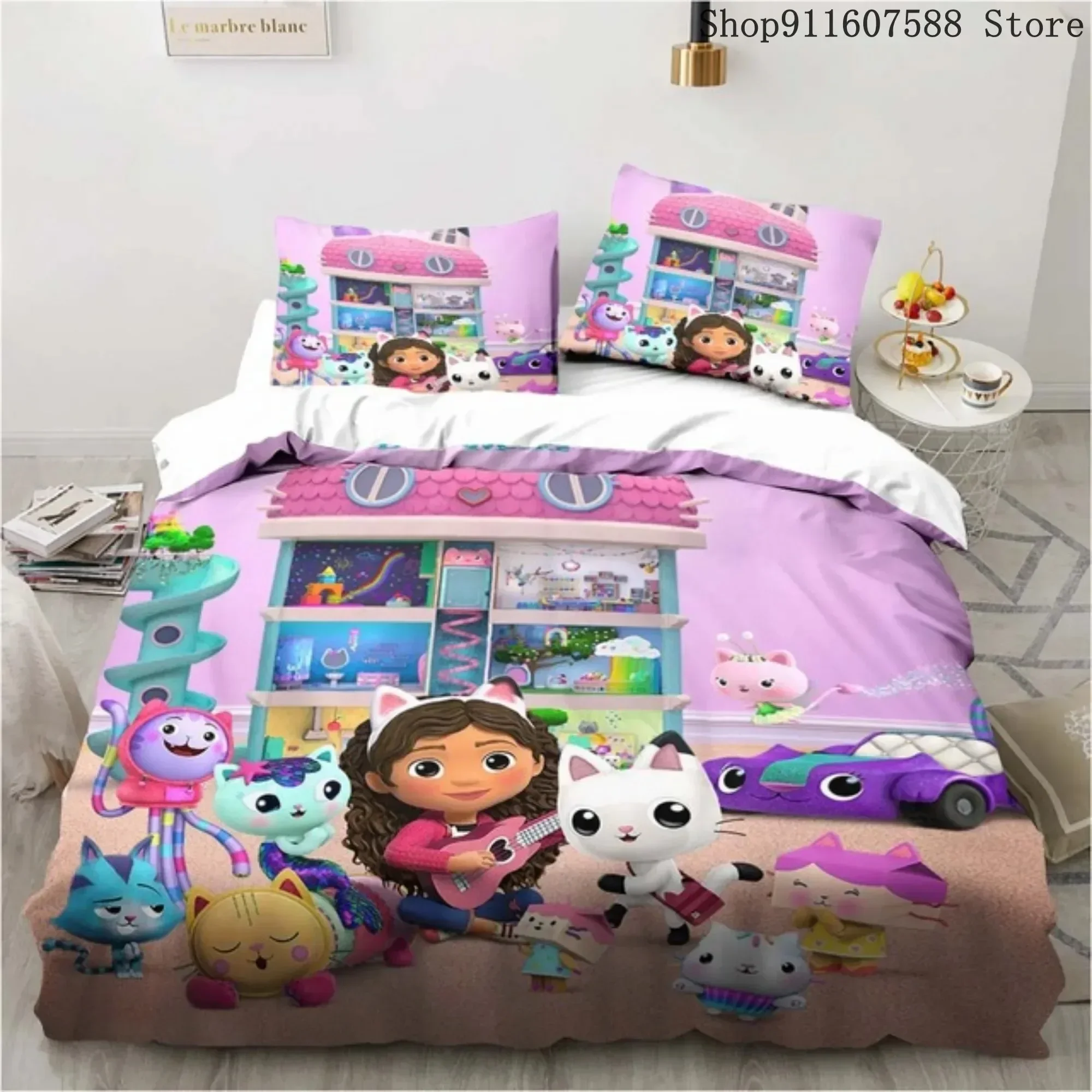 Gabby's Dollhouse Bedding Set Kawaii Bed Set Single Double Size Home Decor For Girls Kids Cartoon Cute Cat Duvet Cover Set