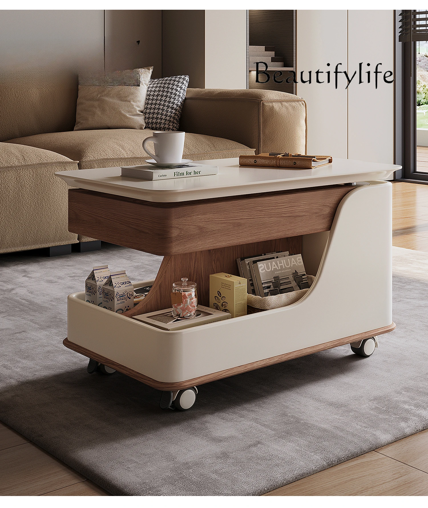 

Cream Coffee Table Advanced French Small Apartment Living Room Home Trolley New Portable Side Table