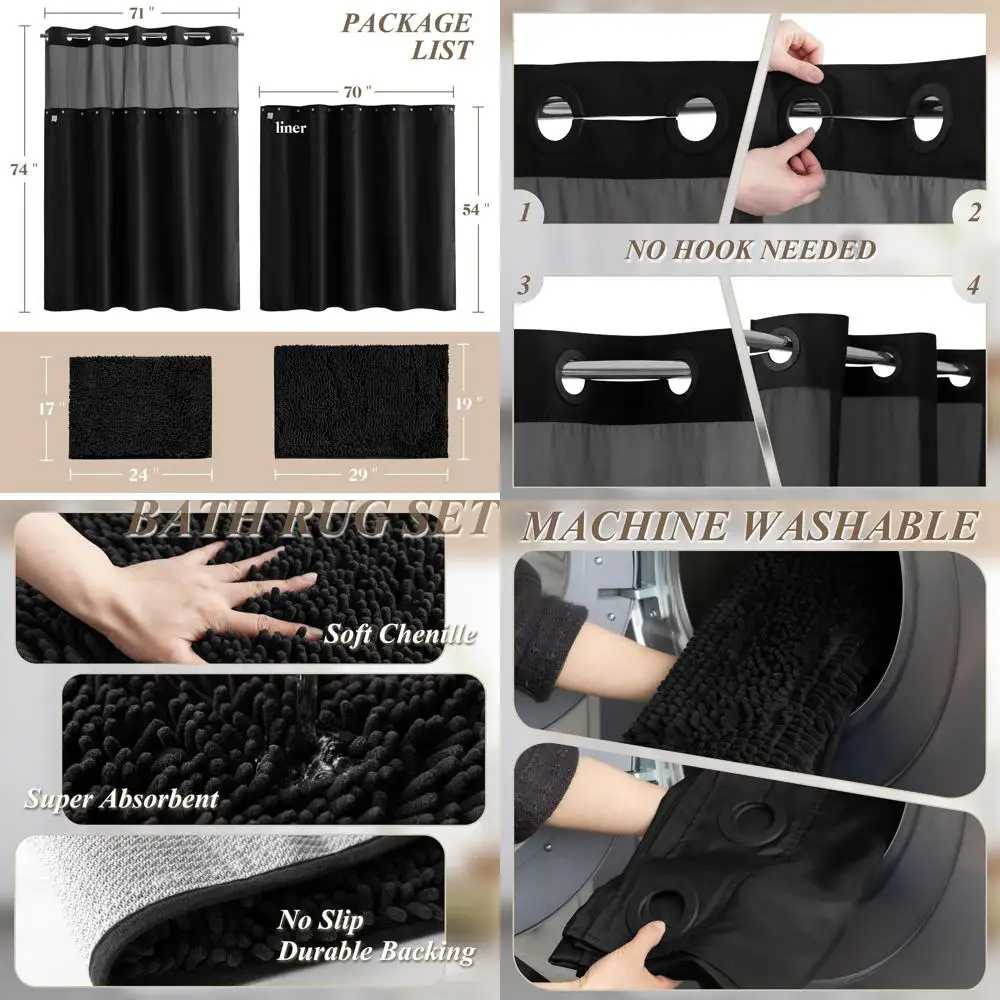 

3-Piece Black Shower Curtain Set with Chenille Rugs, 71x74 Liner & Non-Slip Mats