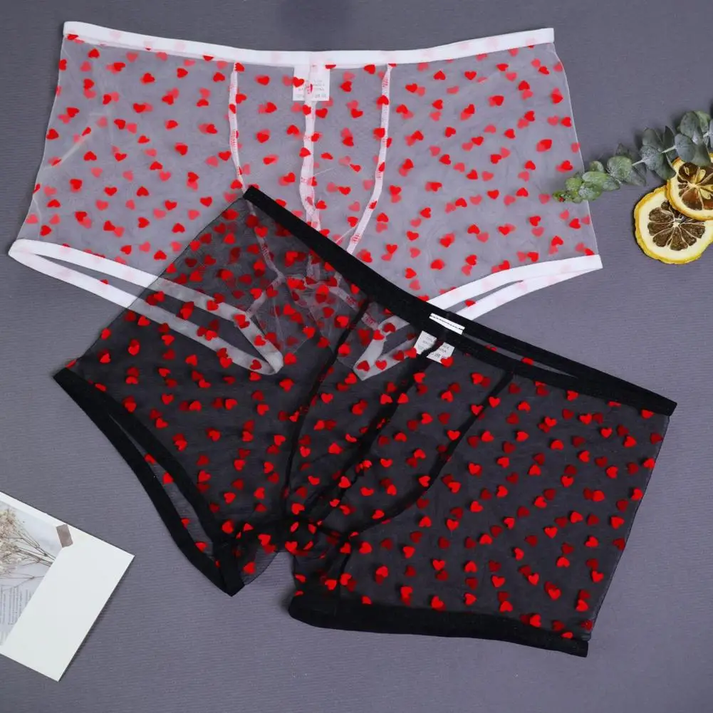 

Boxer Underwear Men Boxer Men's Elastic Mid-rise Boxer Hollow Mesh Breathable Underwear Heart Pattern Transparent Design