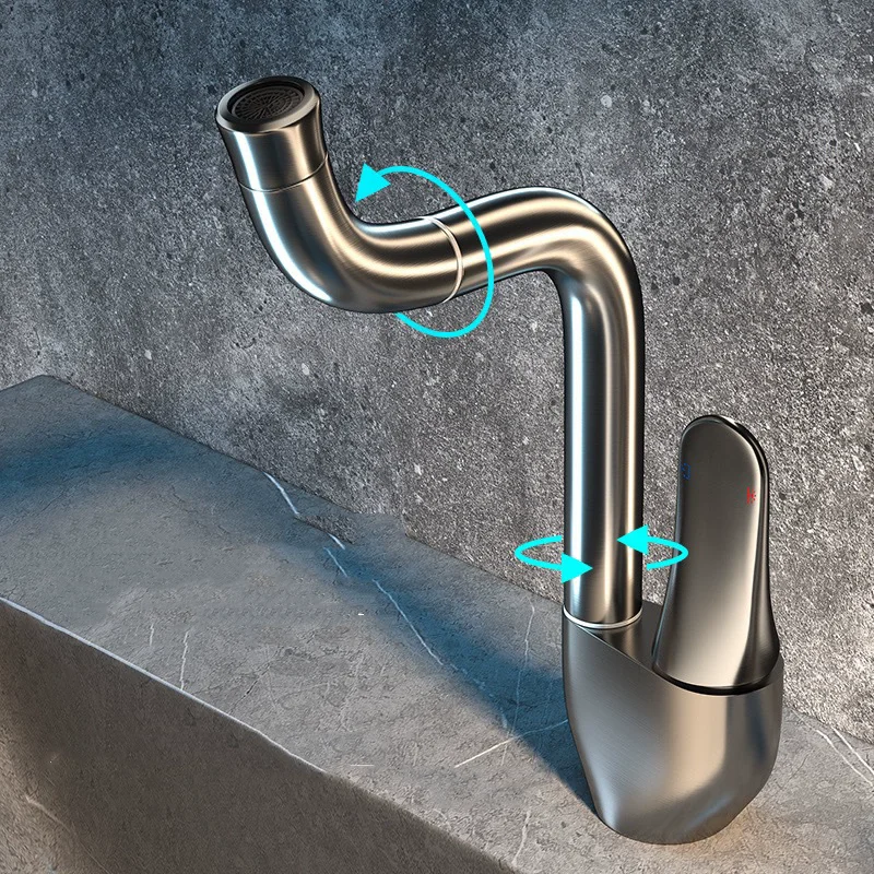 

Смеситель для раковины, горячая и холодная ванная комната, однорычажный вращающийся латунный смеситель для раковины, серый смеситель для раковины для мытья лица