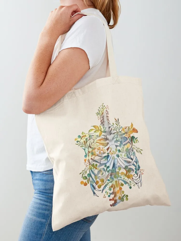 Bones and Botany, Floral Ribcage, rib cage, anatomy skeleton eucaliptus leaves Tote Bag shopping bag hand bag Canvas Tote