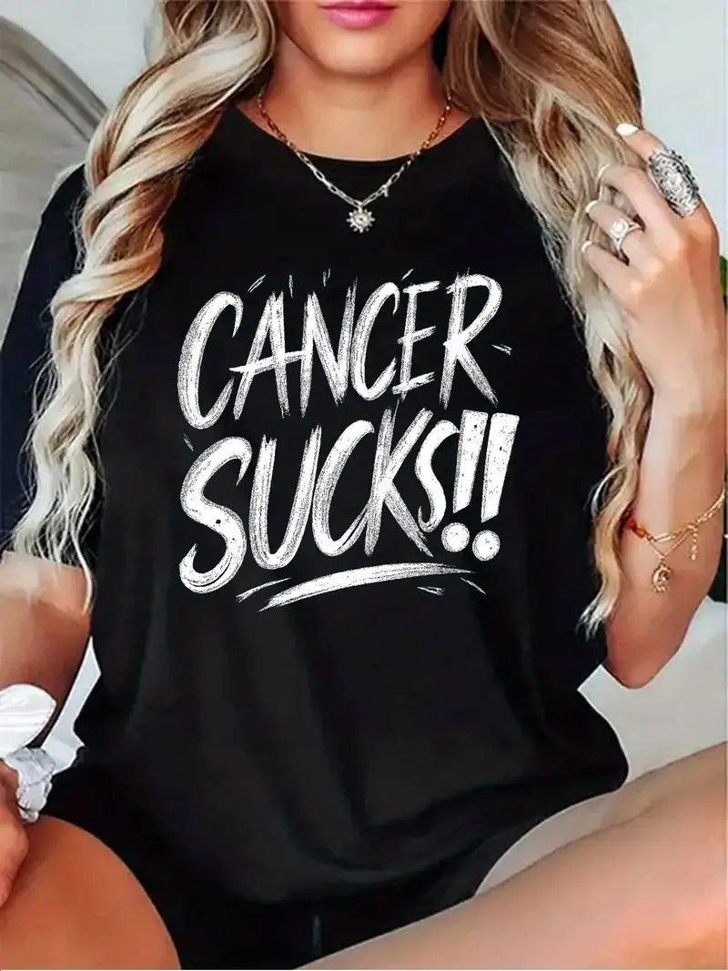 Solid Color WoWomens Cancer Awareness TShirt Cancer Sucks!! Short Sleeve Round Neck Casual Tee with Message Charity ApparelCrew Neck Short Sleeved Top Suitable for All Seasons Casual and Versatile