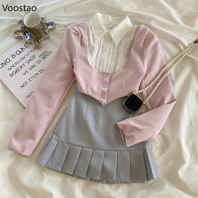 Korean Sweet Pleated Skirt Sets Women Preppy Style Short Blazer Coat White Shirt Mini Skirt Suit Female Outfits Chic 3 Piece Set