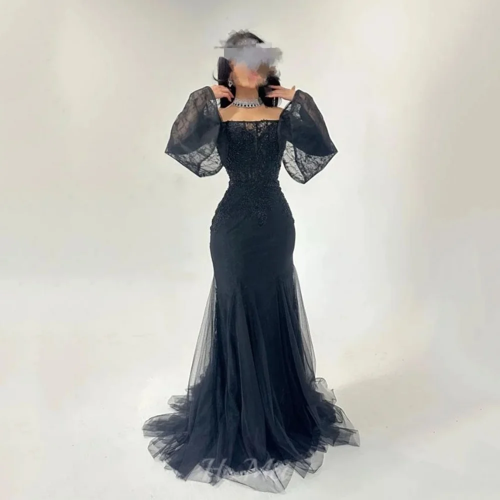 تول أسود مخصص فساتين لحضور الحفلات الموسيقية حورية البحر الديكور مساء فستان قبالة الكتف حمالة رداء حفلات Vestidos De Novia #2
