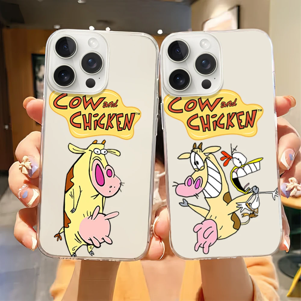 Cartoon C-Cow and C-Chicken Phone Case for iPhone 12 11 13 14 15 16 Max Pro Plus Transparent Soft Shell