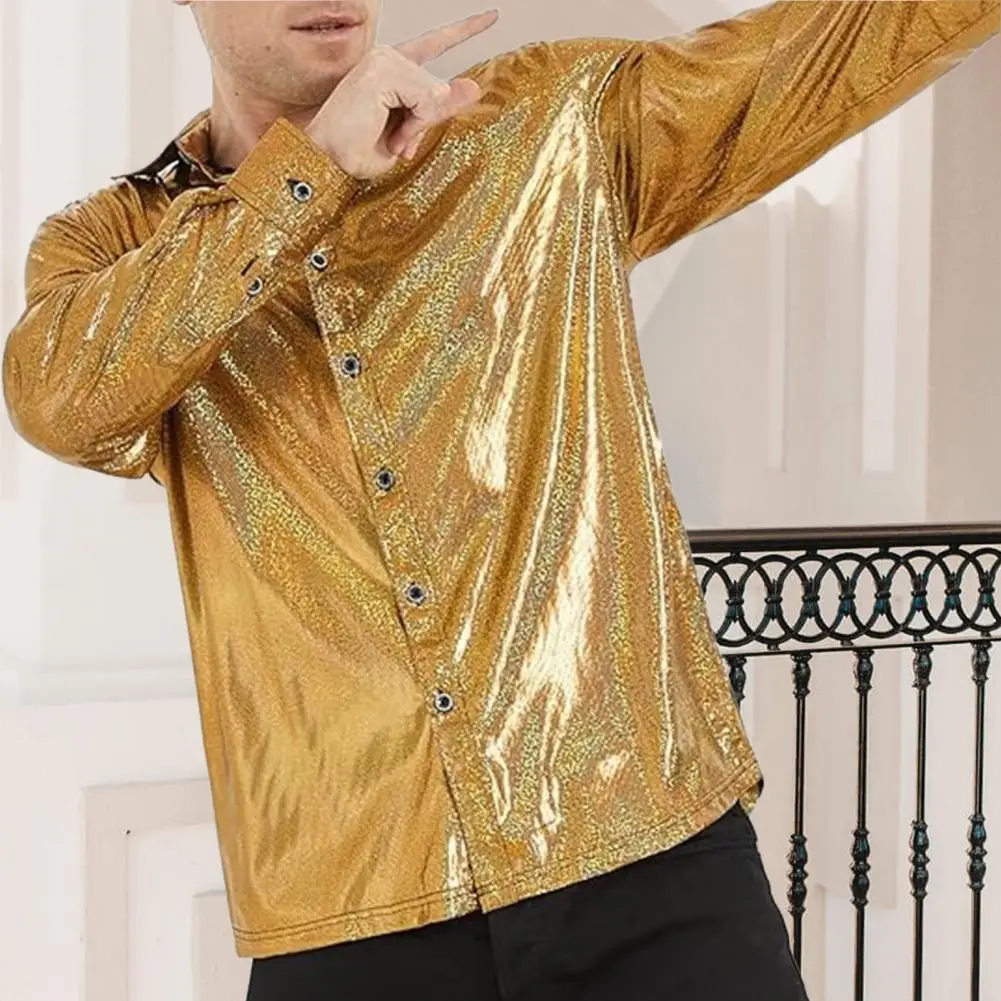 Fall Men Shirt Glossy Shiny Surface Turn-down Collar Single-breasted Long Sleeves Loose Solid Color Christmas Party Nightclub Da