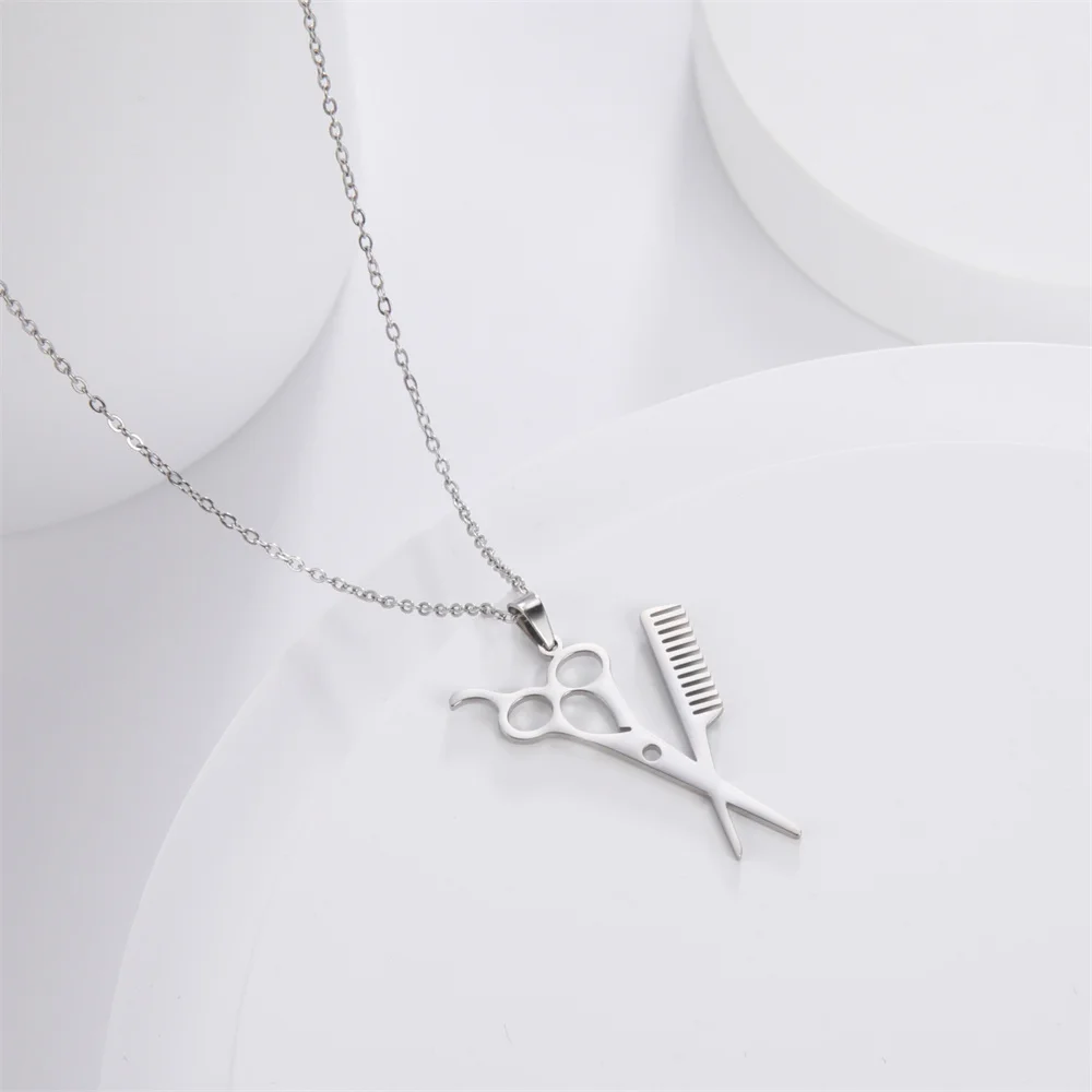 Lemegeton Stainless Steel Scissor Pendant Necklace for Women Hairdresser Stylist Scissors Comb Necklaces Punk Jewelry Gifts