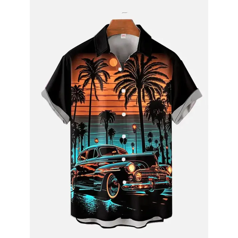 1970S-1980S Vintage Car Poster Hawaiian Beach Cowgirl Printing Short Sleeve Shirt Fashion Retro Hawaiian Shirt For Men Hrajuku