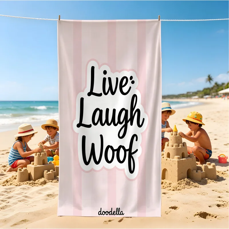 

"Live Laugh Woof" Dog Quote Beach Towel, Pink Striped Paw Print, Absorbent Fabric & Lightweight Portable, Ideal for Outdoor Use