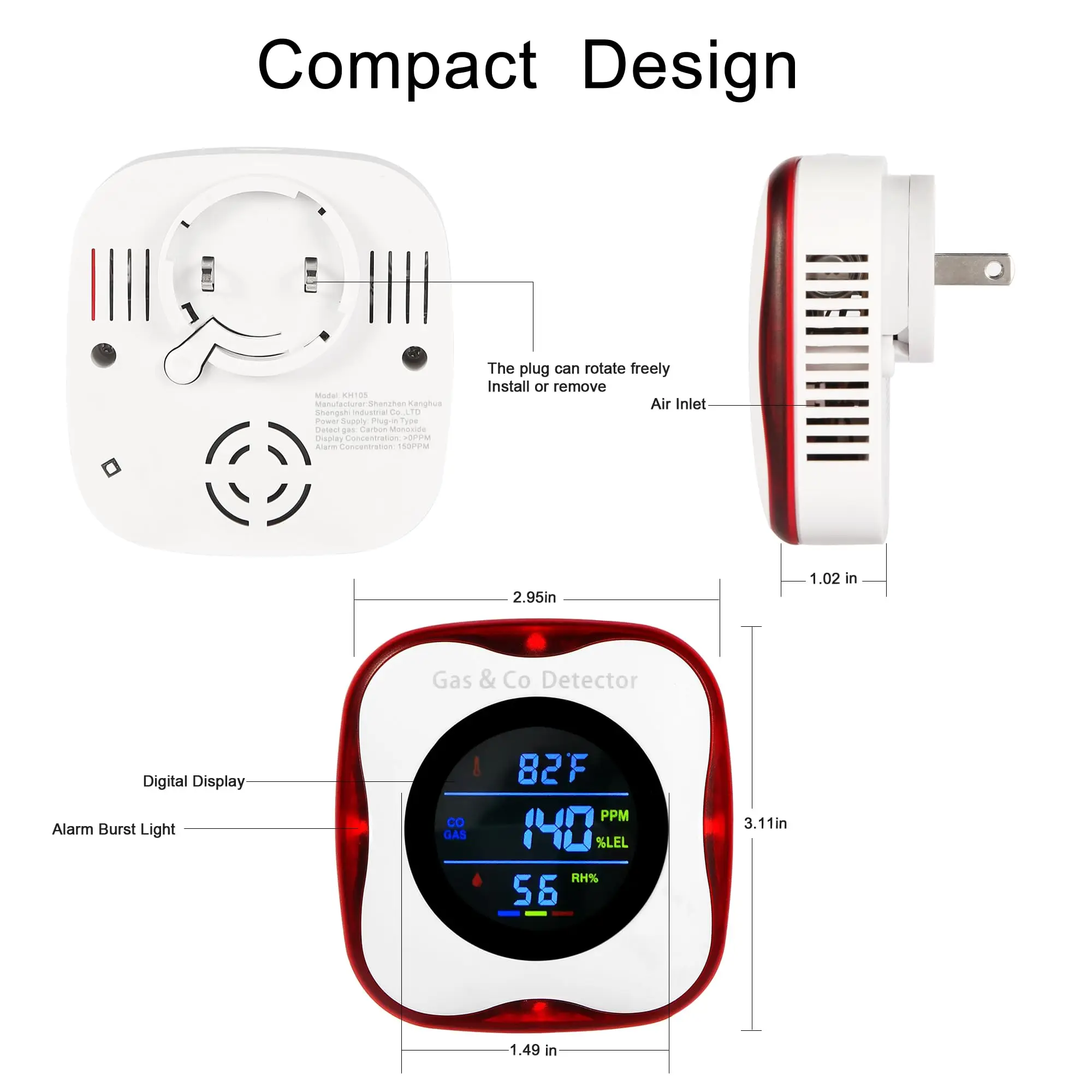 Combination Gas & Carbon Monoxide Detectors Plug in,Natural Gas Detector,Propane,Carbon Monoxide Alarm,CO Level & °F & Humidity & Gas Detector for Home,Kitchen,RV