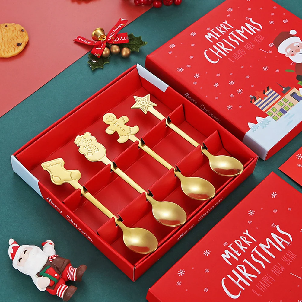 4pcs Xmas Cutlery Dessert Spoon Set Festival Fun Reunion Family Decoration Food Grade Elegant Rustproof Christmas Cutlery