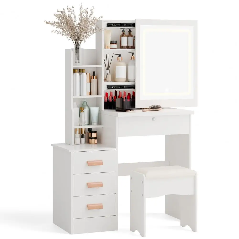 Makeup Vanity with Drawers Shelves,Sliding Lighted Mirror High Capacity Dressing Table,Bedroom Vanity Desk with Hidden Space