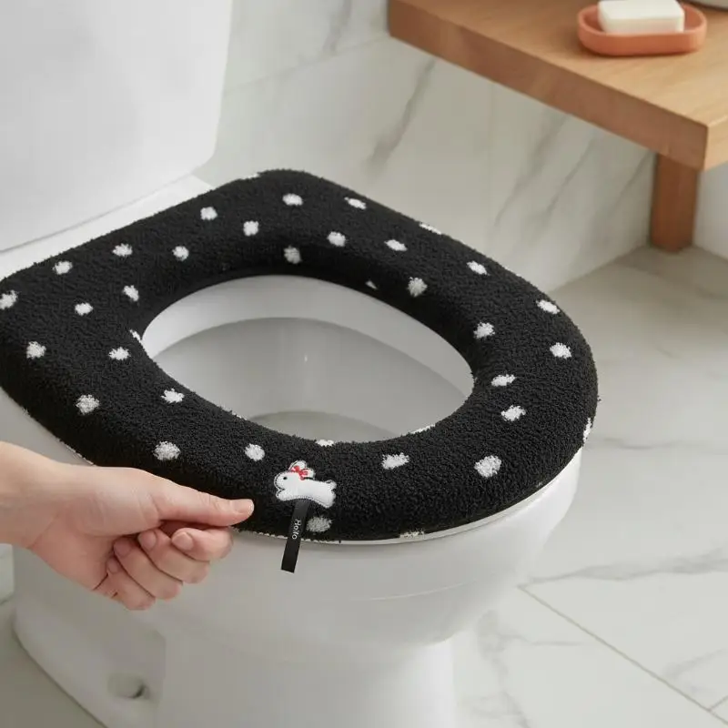 Thick Soft Plush Toilet Seat Cover Cute Polka Dot Warm Comfortable Touch For Home Bathroom Winter Daily Use