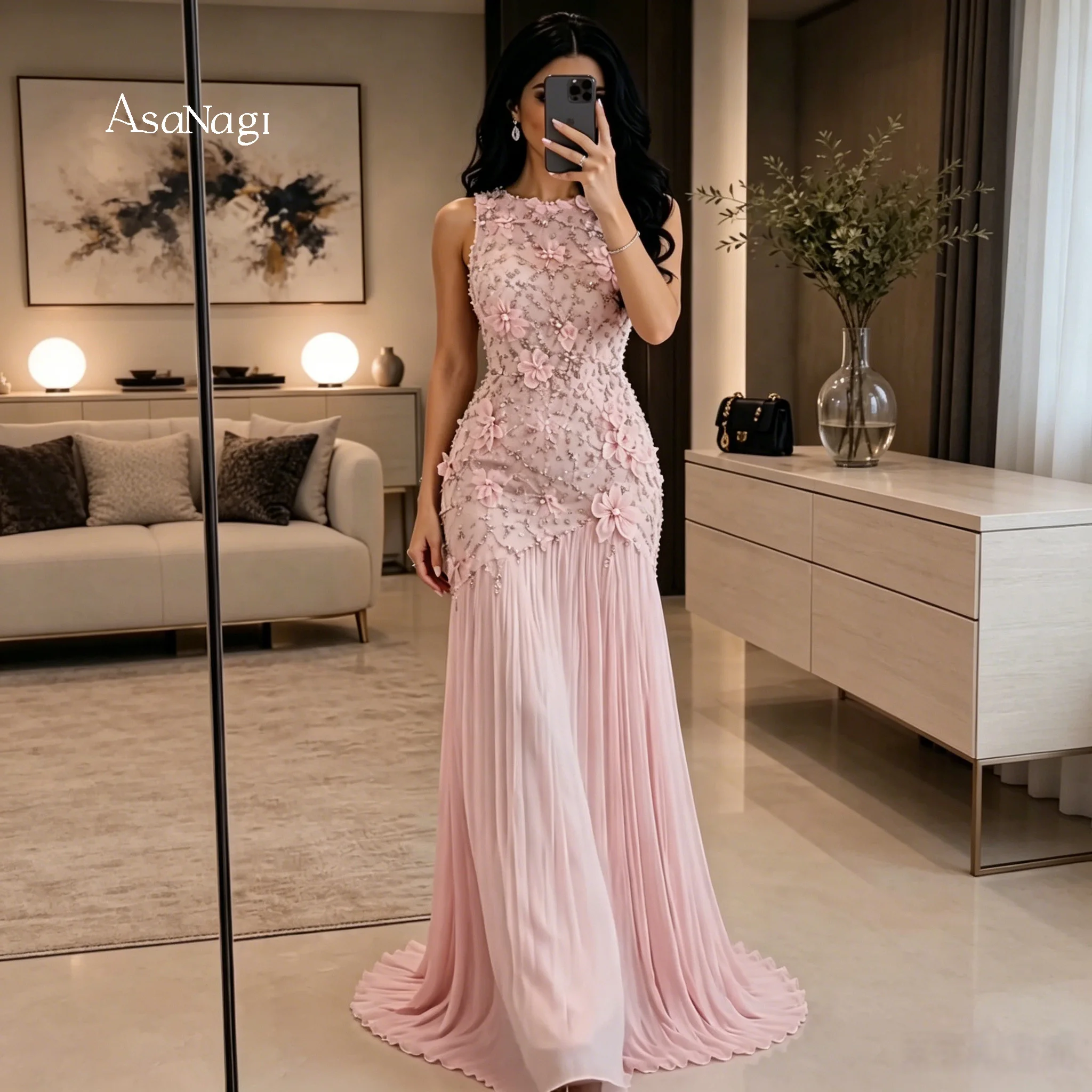 Exquisite Pink Sleeveless Floor-Length Mermaid Formal Gown Featuring Draping Beadwork and Appliqué Details