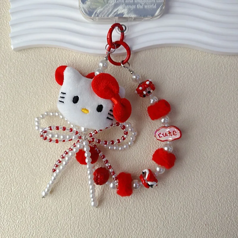

Kawaii Hello Kitty Bow Cartoon Colored Beaded Phone Chain Phone Rope Digital Pendant Women Accessories Wholesele Holiday Gifts