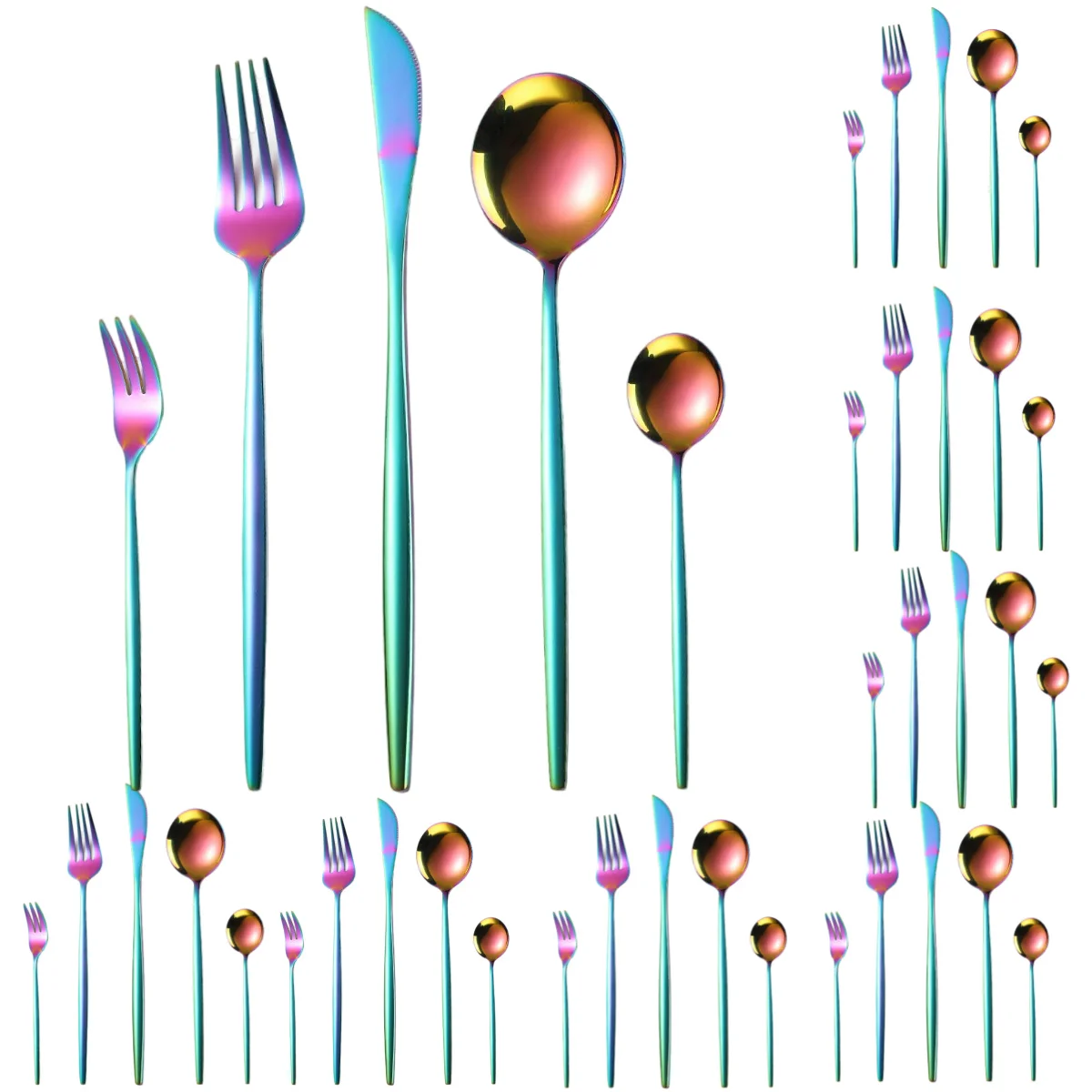 A · HOUSEWARE 40 Piece Rainbow Portuguese Silverware Stainless Steel Flatware Set Service for 8 Fork Spoon Knife Elegant Cutlery