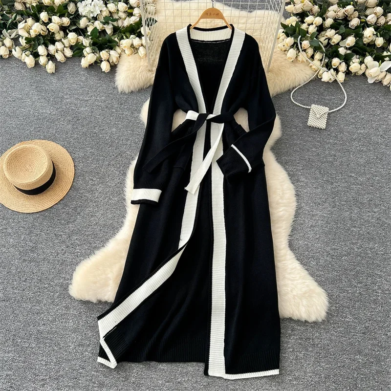 Autumn Long Cardigan Women Elegant Sash Waist Mid Length Sweater Coat Winter Fashion Contrasting Colors Loose Knitted Cardigans