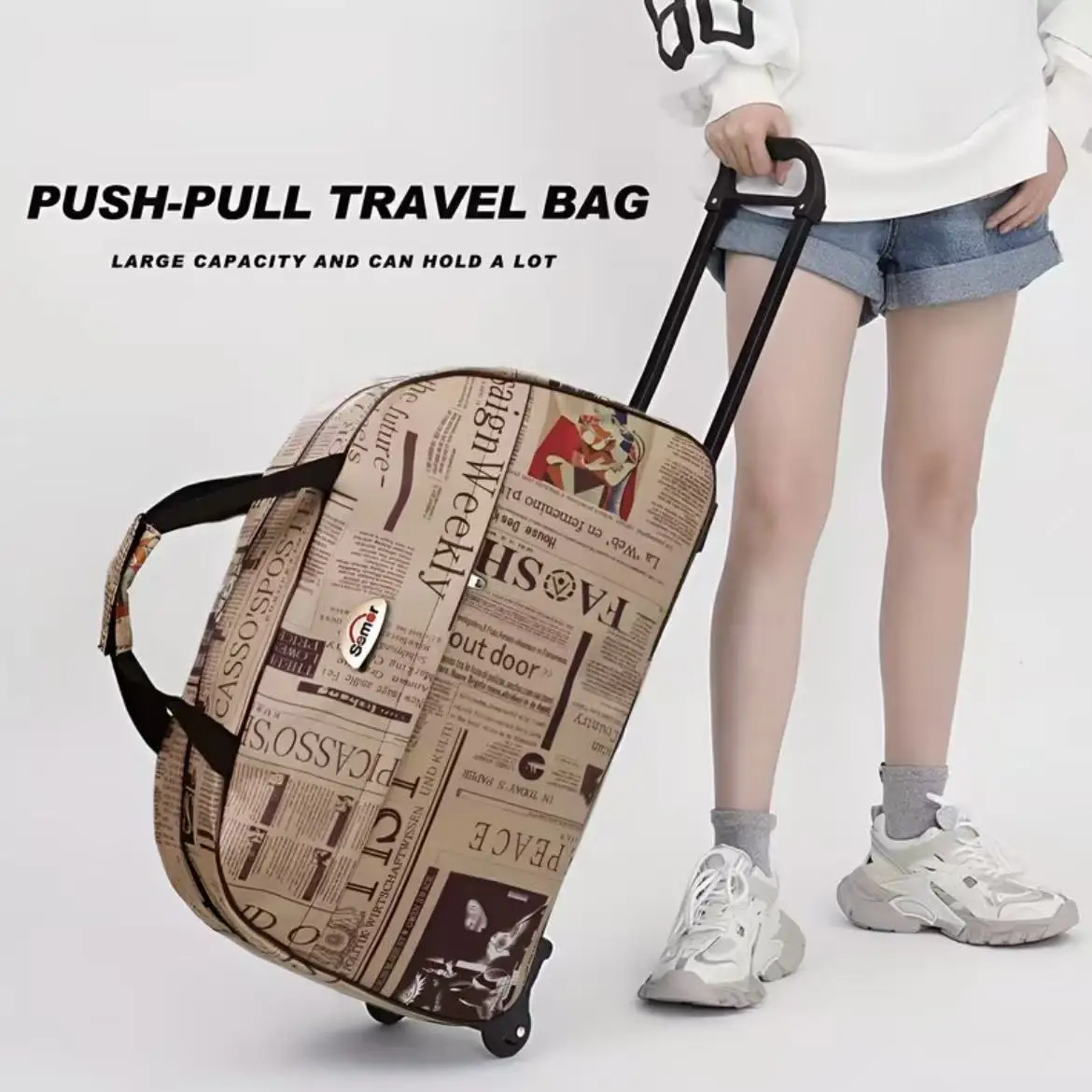 21 Inch Rolling Duffle Travel Bag, Vintage Newspaper Print / Solid Black Wheeled Hand Luggage
