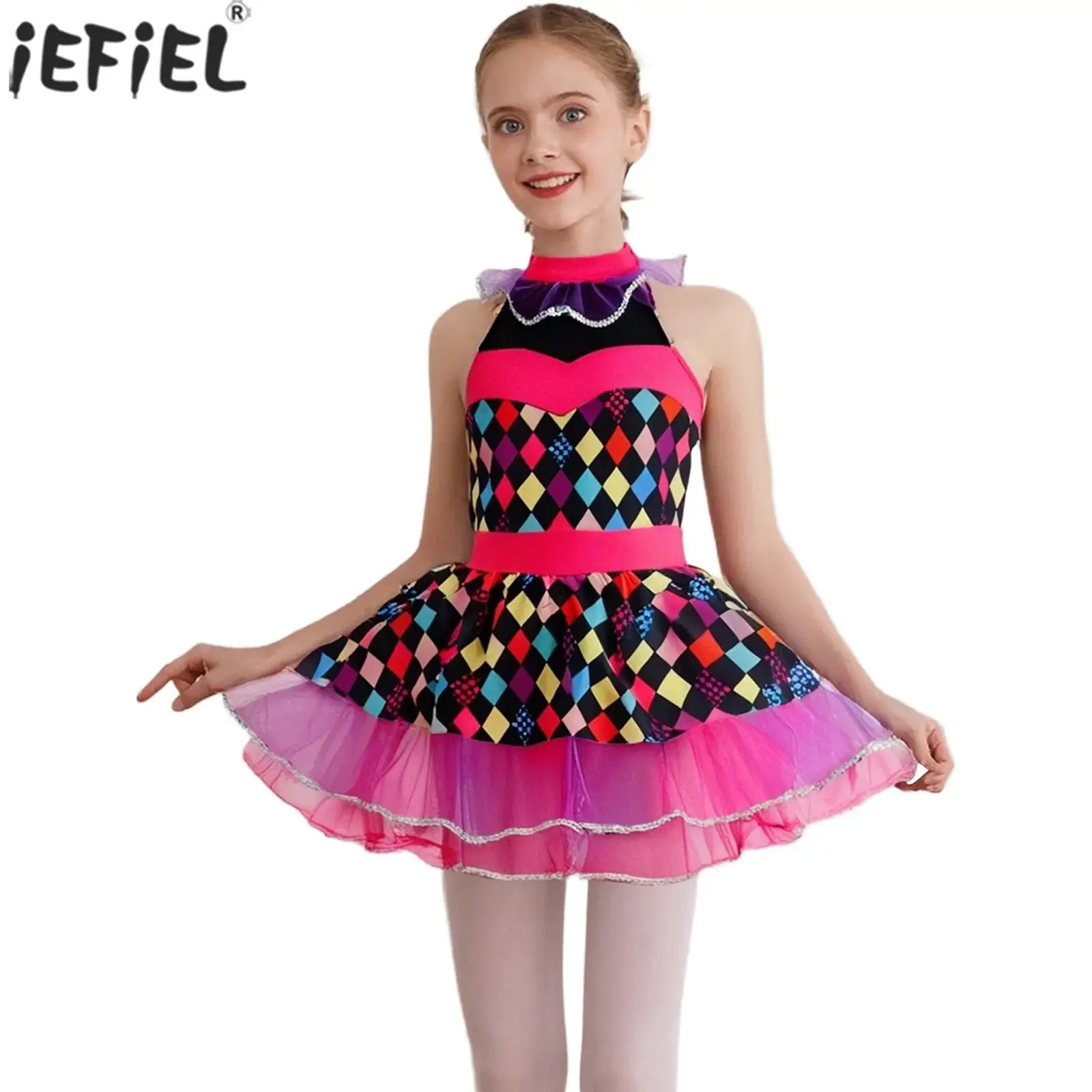 Kids Girls Circus Clown Cosplay Costume Halter Sleeveless Argyle Print Mesh Tutu Dress Halloween Carnival Party Fancy Dress Up