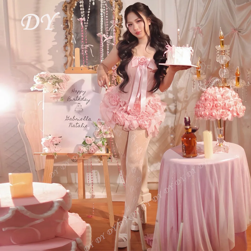 

DY Modern Pink Strapless Short Prom Cocktail Dress Pleated 3D Flowers Sexy Mini Wedding Party Gown Customized Lacing Back