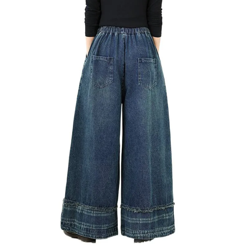Oversized Denim Wide Leg Pants for Women Spring Autumn New Plaid Splicing Jeans Elastic Waist Loose Straight Pants 2026