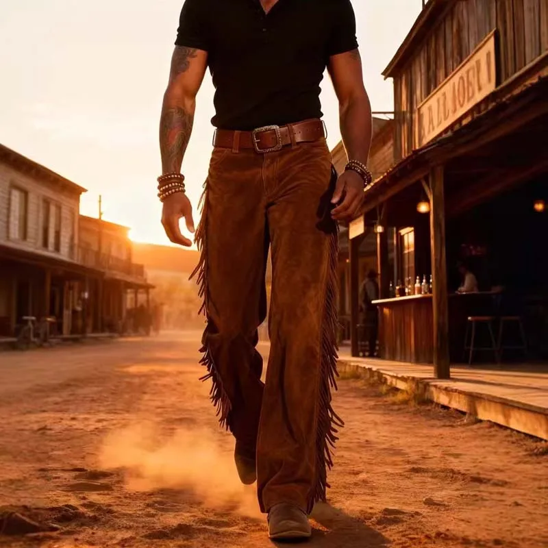 

Men's Western Cowboy Fringe Pants Retro Brown Suede Trousers 2026 Winter High Vaisted Casual Trend Solid color Wide Leg Pants