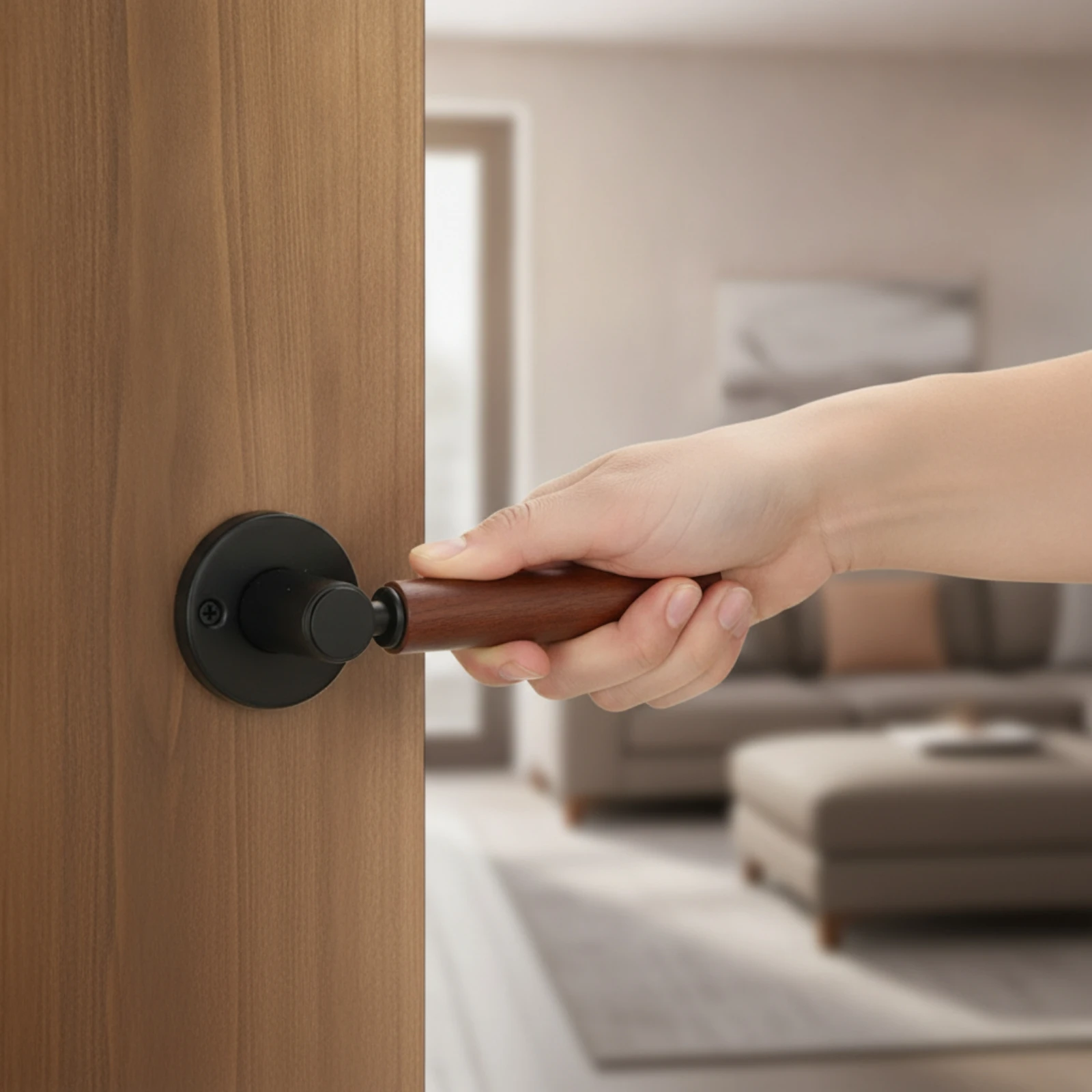 Wooden Door Handle Cylindrical Door Handle with Rosette Hardware Non-Locking Heavy Duty for Interior Doors, Bedroom