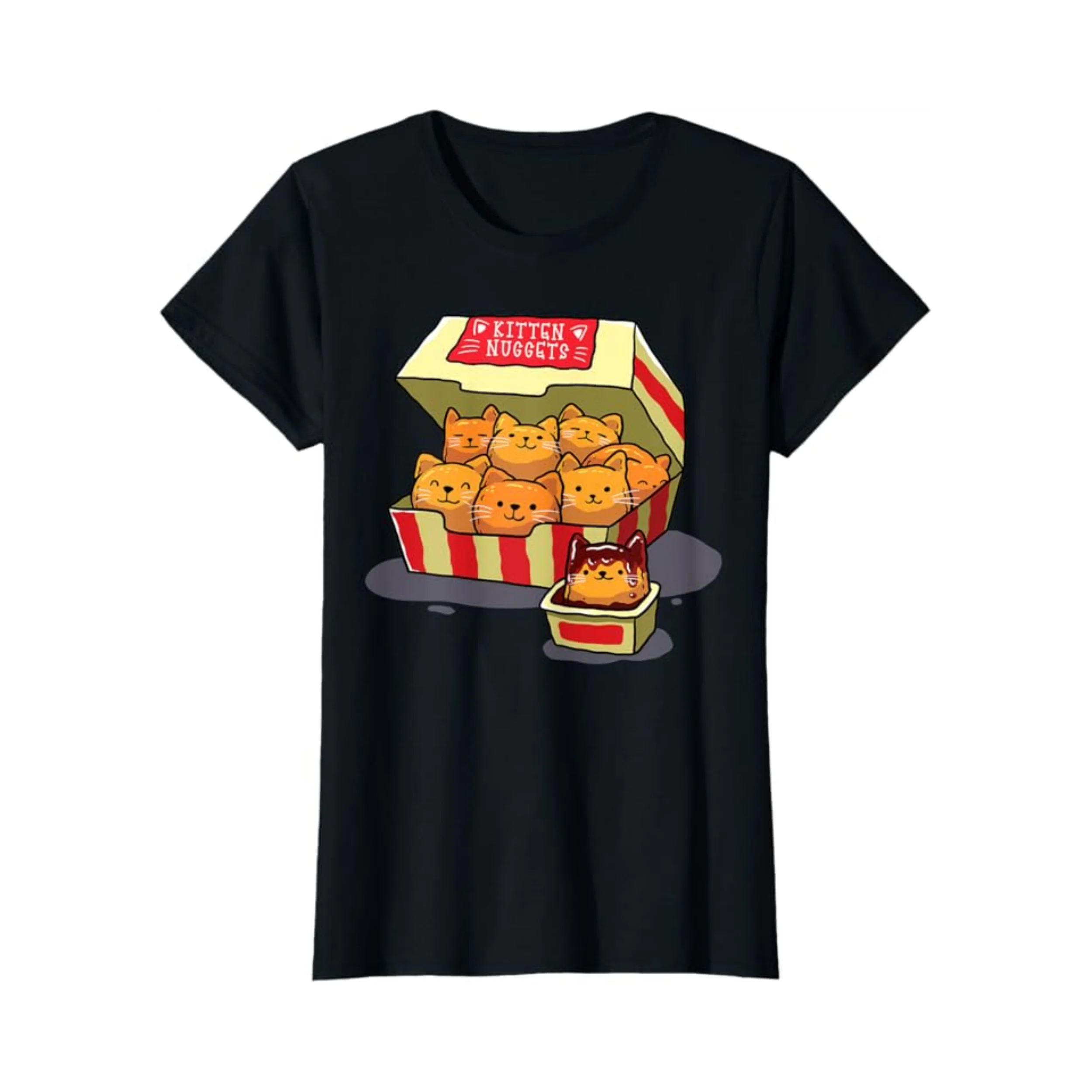 Kätzchen Nuggets Essen Wortspiel Katze Liebhaber Geschenk Hühnern uggets Frauen Rundhals ausschnitt hochwertige Modetrend 100% Baumwolle T-Shirt 01232